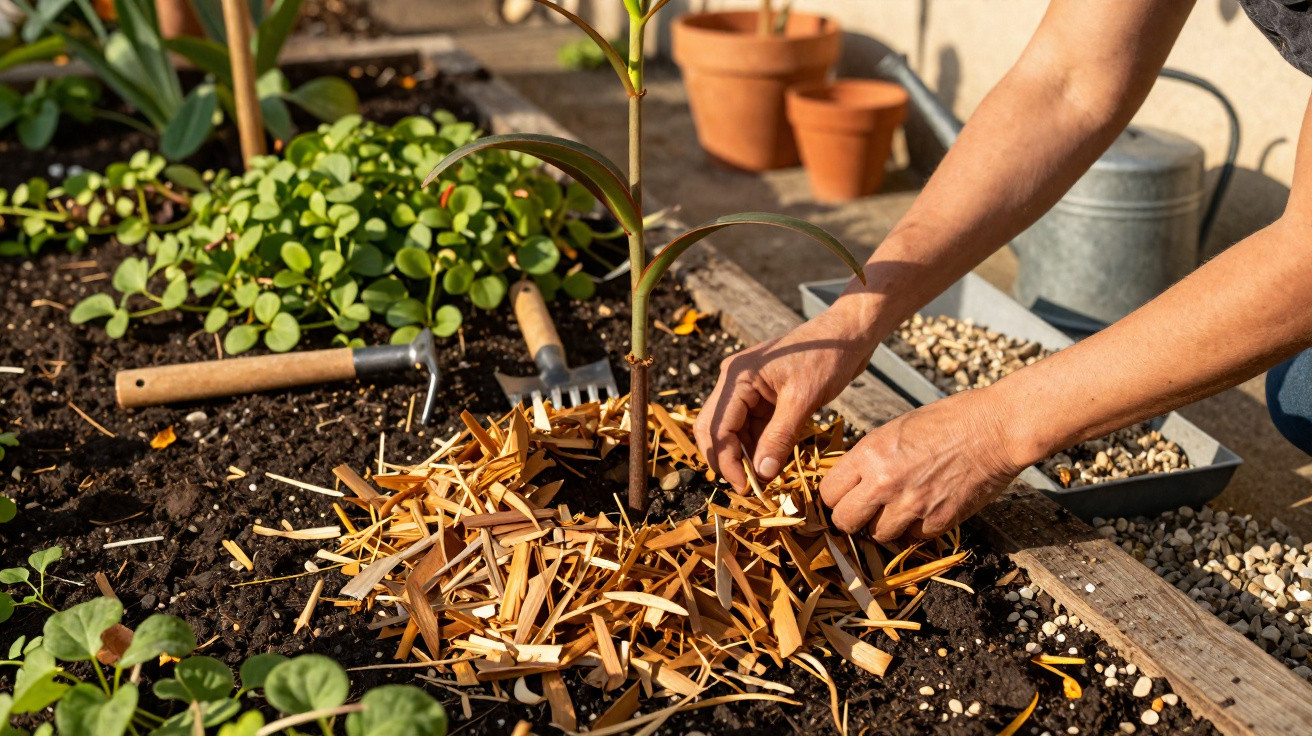 Mãos a aplicar cobertura orgânica à base de palha numa muda de planta num canteiro de jardim.