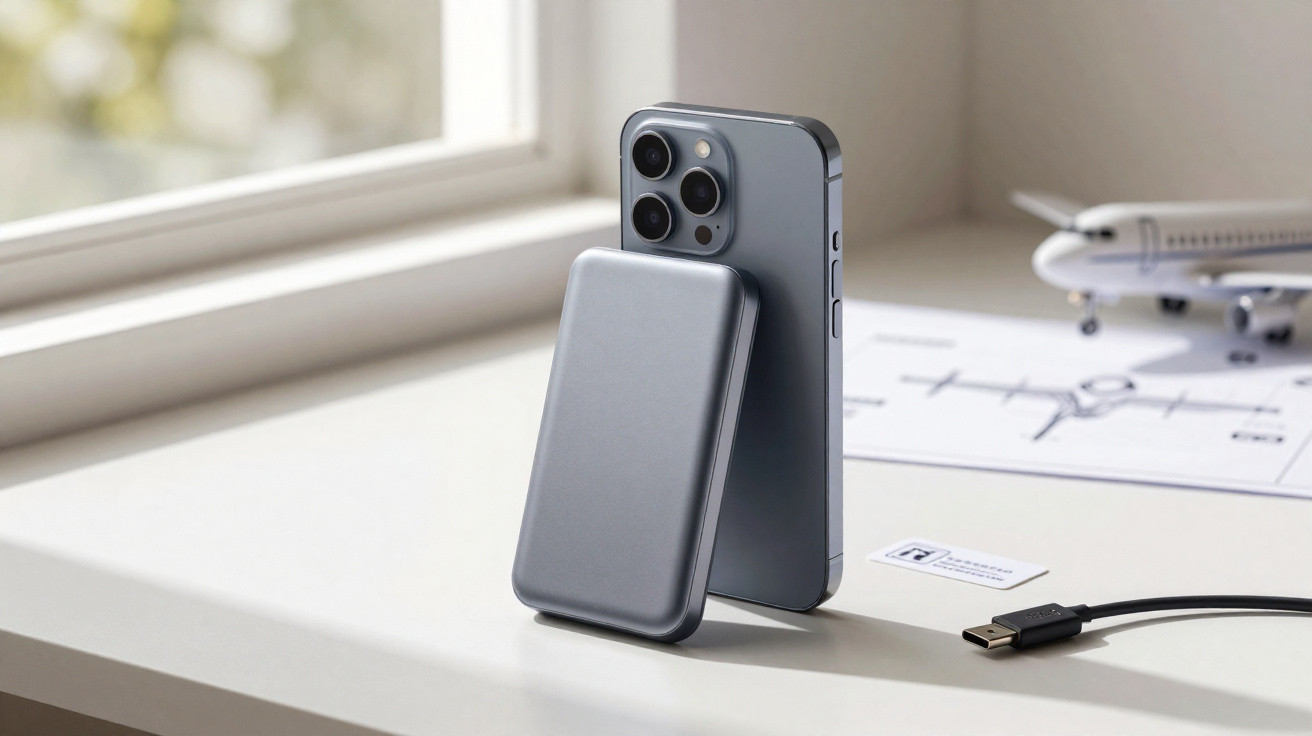 Smartphone moderno cinzento com bateria portátil a carregar sobre mesa branca junto a janela.