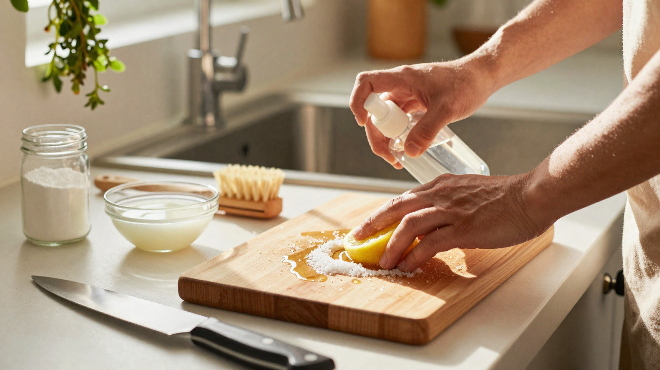 Pessoa a limpar tábua de cortar com limão e spray, com utensílios de cozinha ao redor numa bancada.
