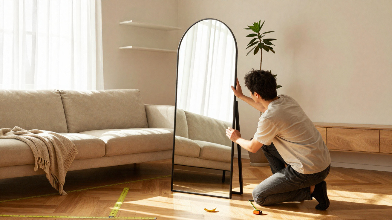 Homem instala espelho grande com moldura preta em sala de estar iluminada e decorada com sofá e planta.