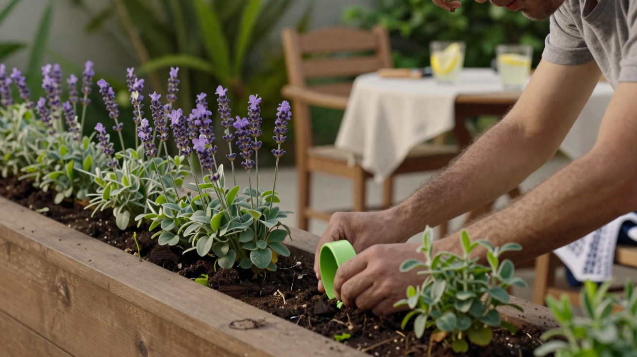 Pessoa a cuidar de plantas de alfazema numa cama de madeira num jardim com mesa ao fundo.