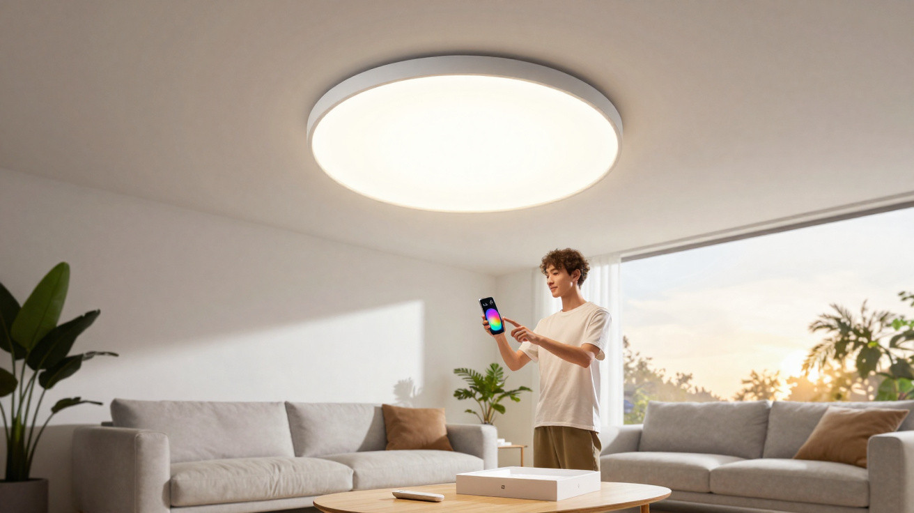 Sala moderna com iluminação de teto redonda e jovem a controlar luz por app móvel.