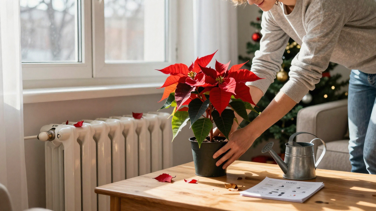 Pessoa ajeita planta de Natal vermelha numa mesa de madeira junto a janela e aquecedor central.
