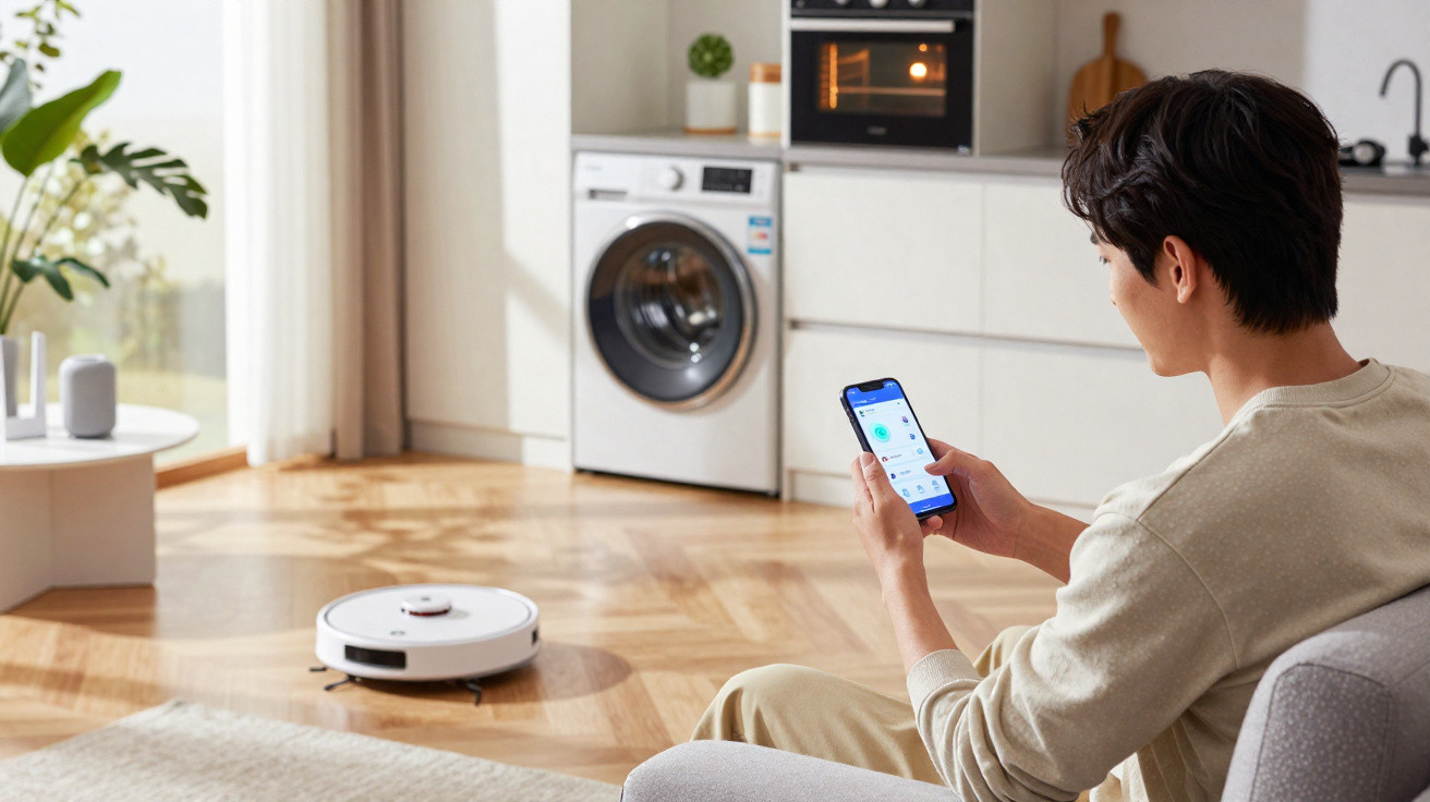 Homem sentado numa sala moderna a controlar aspirador robô com smartphone.