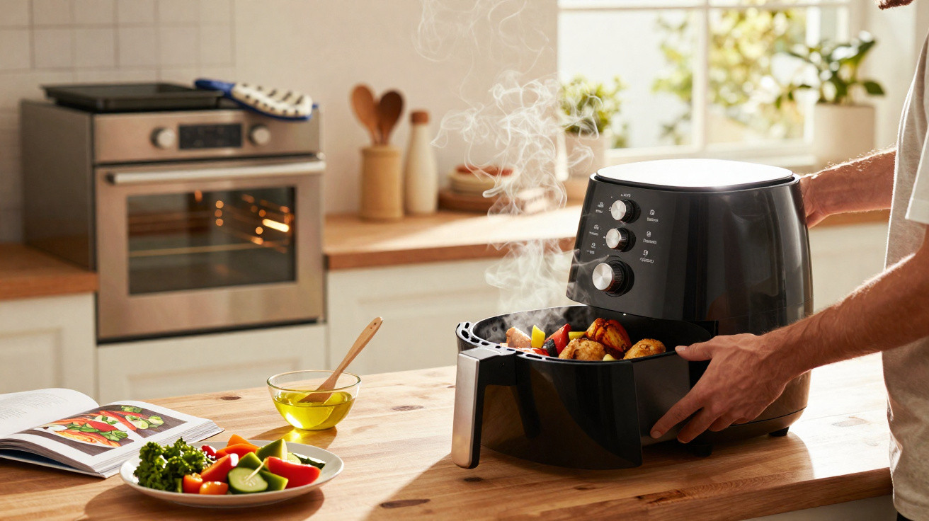 Pessoa a retirar alimentos fumegantes de uma fritadeira elétrica numa cozinha iluminada e moderna.
