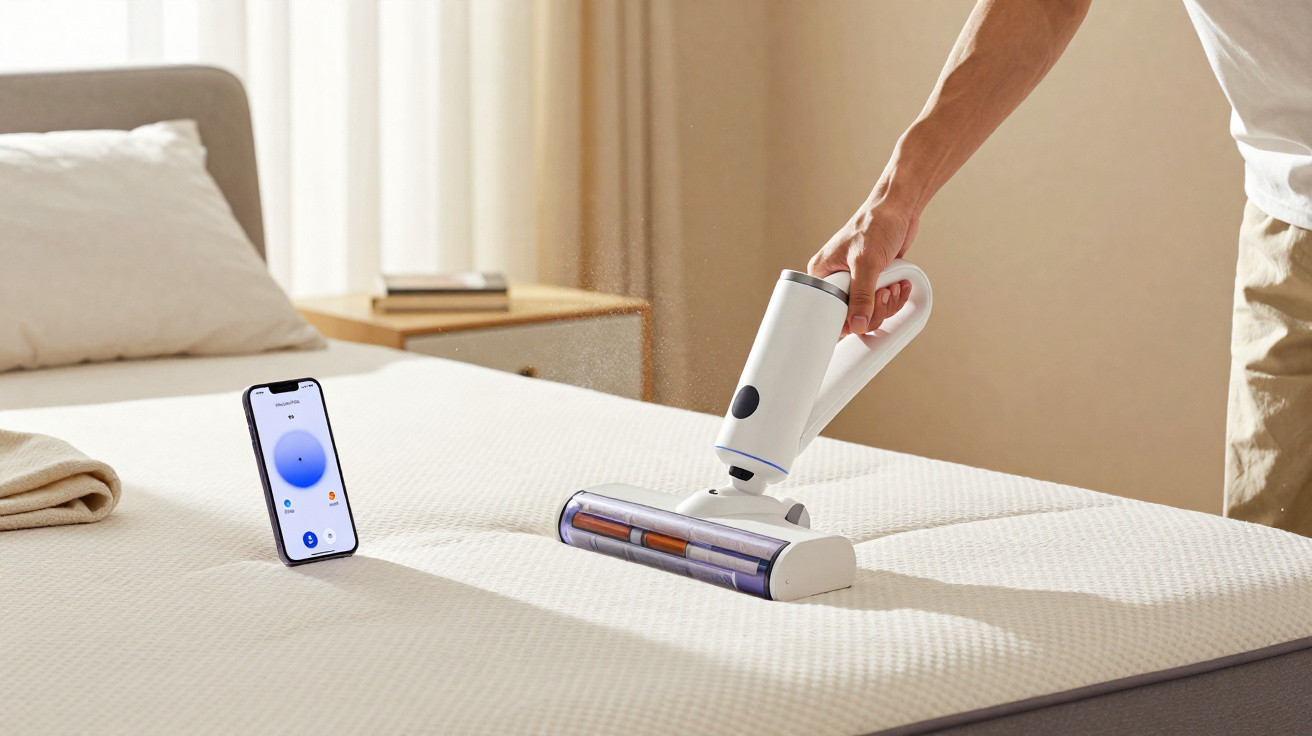 Pessoa a aspirar colchão branco com aspirador sem fios, telemóvel com app de controlo visível na cama.