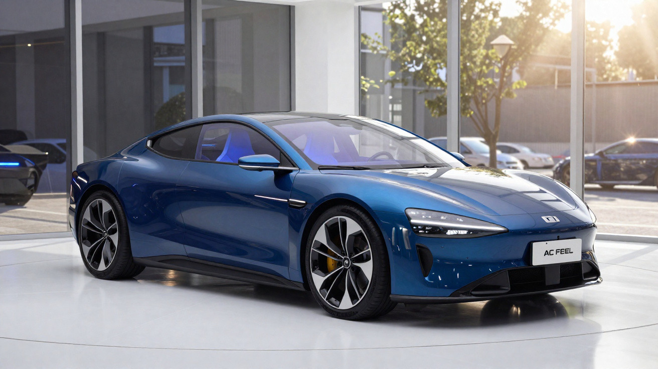 Carro desportivo elétrico azul estacionado em showroom moderno com jantes elegantes e design aerodinâmico.