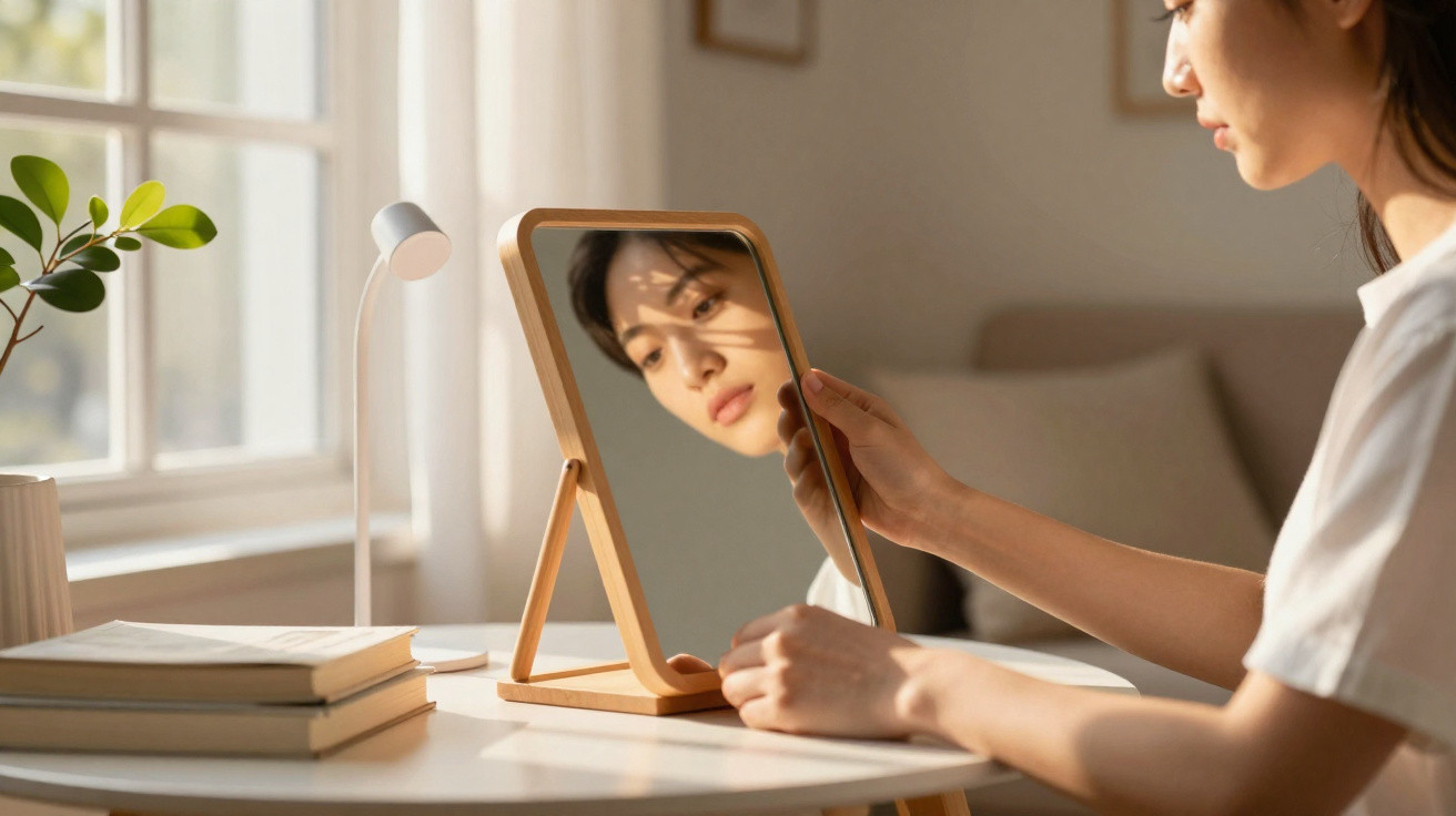 Mulher a olhar o seu reflexo num espelho de mesa em ambiente iluminado por luz natural.