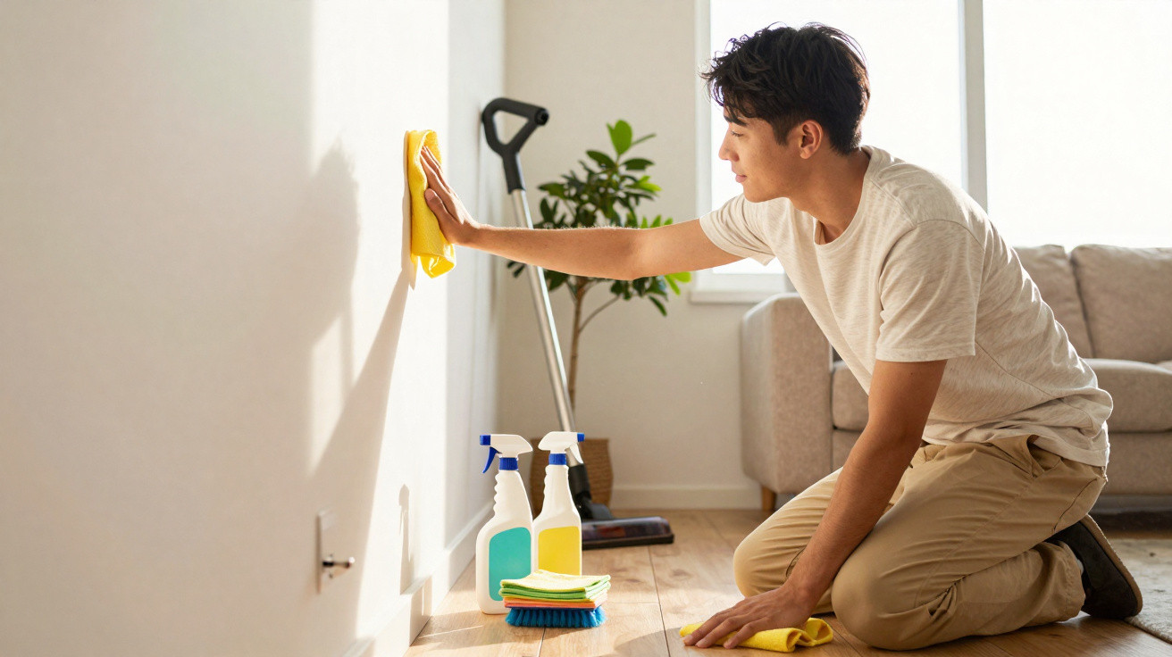 Homem a limpar a parede com um pano amarelo numa sala com aspirador e plantas ao fundo.