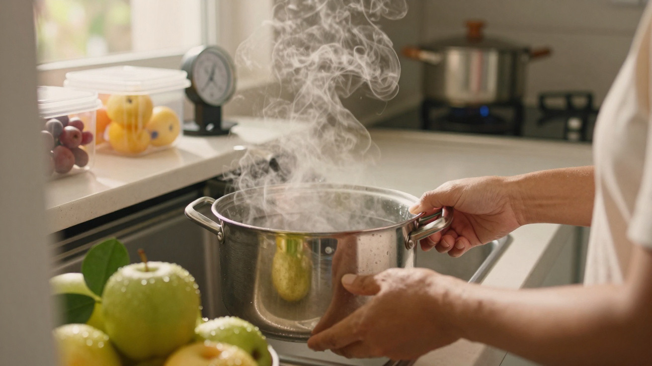 Mãos seguram uma panela de inox com vapor a sair, numa cozinha iluminada com frutas na bancada.