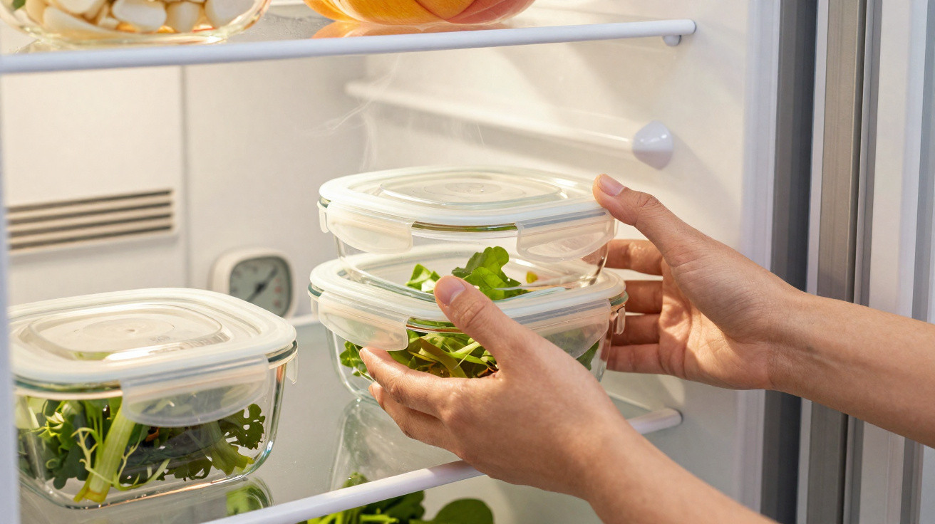 Mãos a colocar recipientes de plástico com salada dentro de um frigorífico aberto.