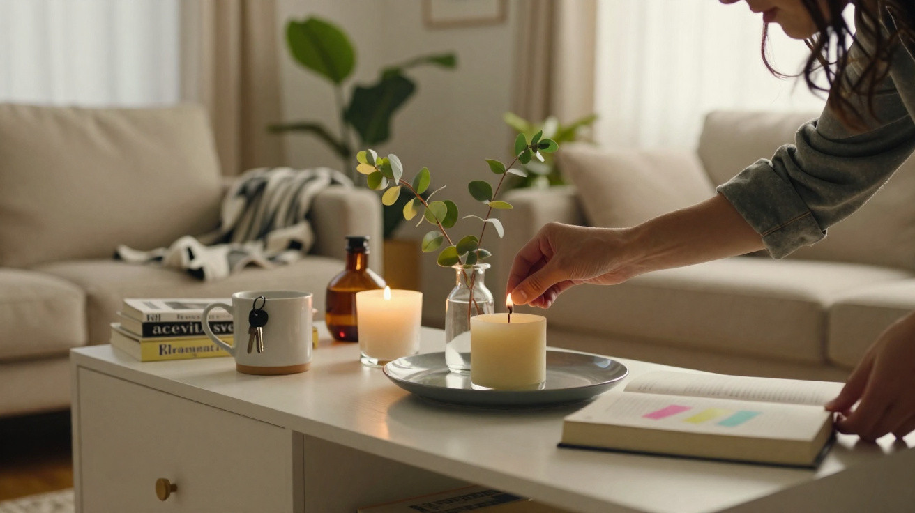 Pessoa a acender uma vela numa mesa de centro com livros, chávena, plantas e sofá ao fundo numa sala acolhedora.