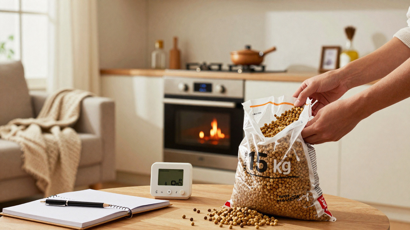 Mãos a mexer num saco de 15 kg com grão de soja numa mesa com caderno e termómetro numa cozinha moderna.