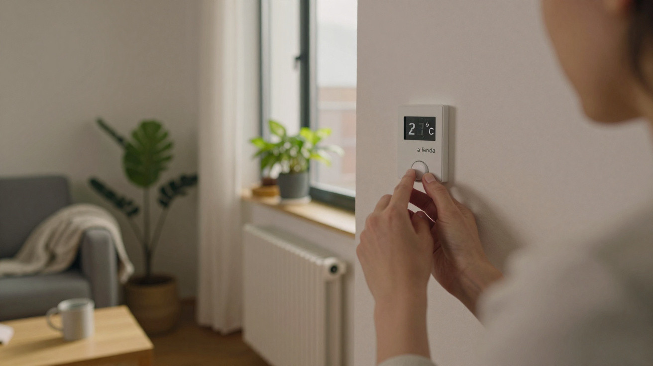 Pessoa a ajustar termóstato digital a 21°C numa sala com sofá, planta e janela.