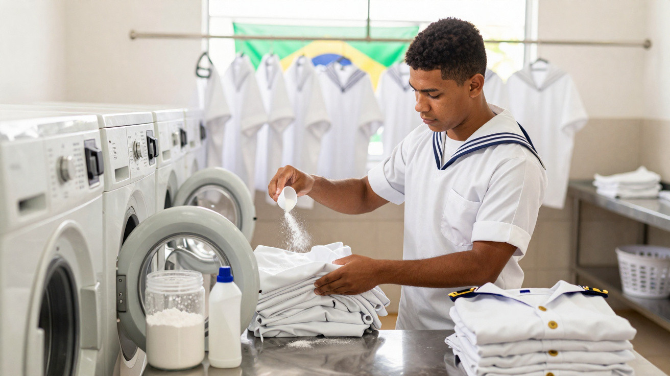 Jovem fardado a colocar detergente em roupa branca numa lavandaria com várias máquinas e fardas penduradas.