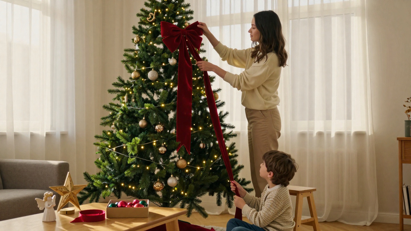Mulher e menino a decorar árvore de Natal com laço vermelho numa sala com luz natural.