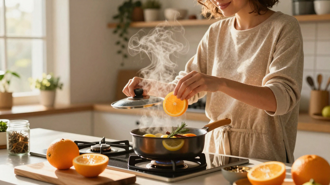 Mulher na cozinha a cozinhar com panela a ferver e a adicionar uma rodela de laranja a um preparado quente.