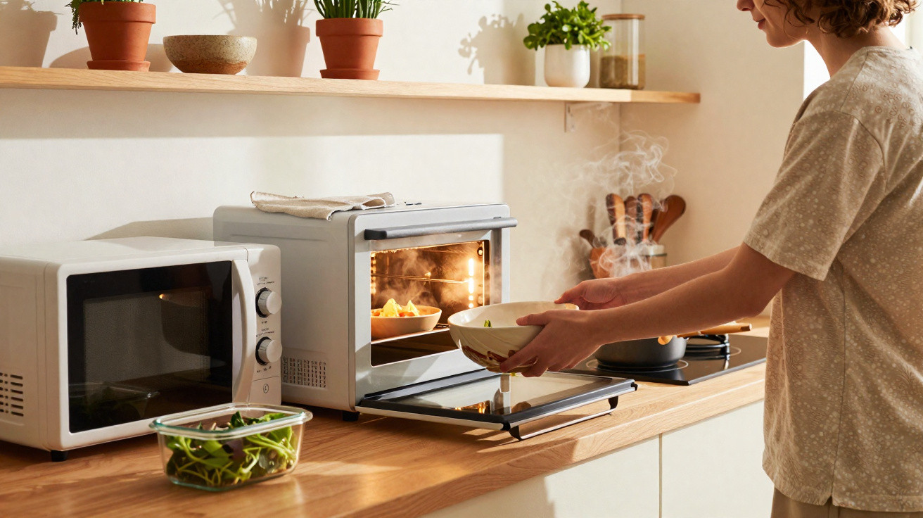 Pessoa a retirar comida quente de um forno elétrico numa cozinha luminosa com plantas e micro-ondas.