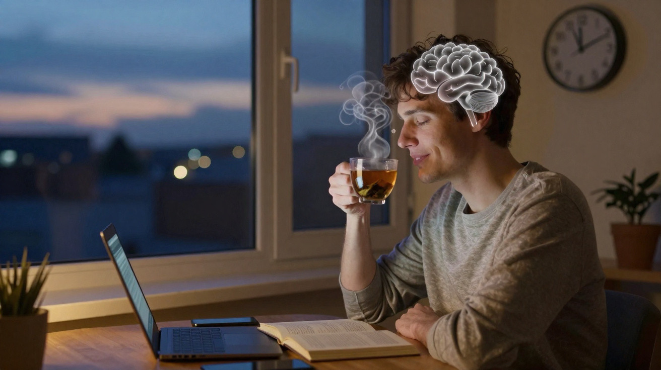 Jovem sentado a estudar à noite, bebendo chá quente com ilustração de cérebro sobreposta.