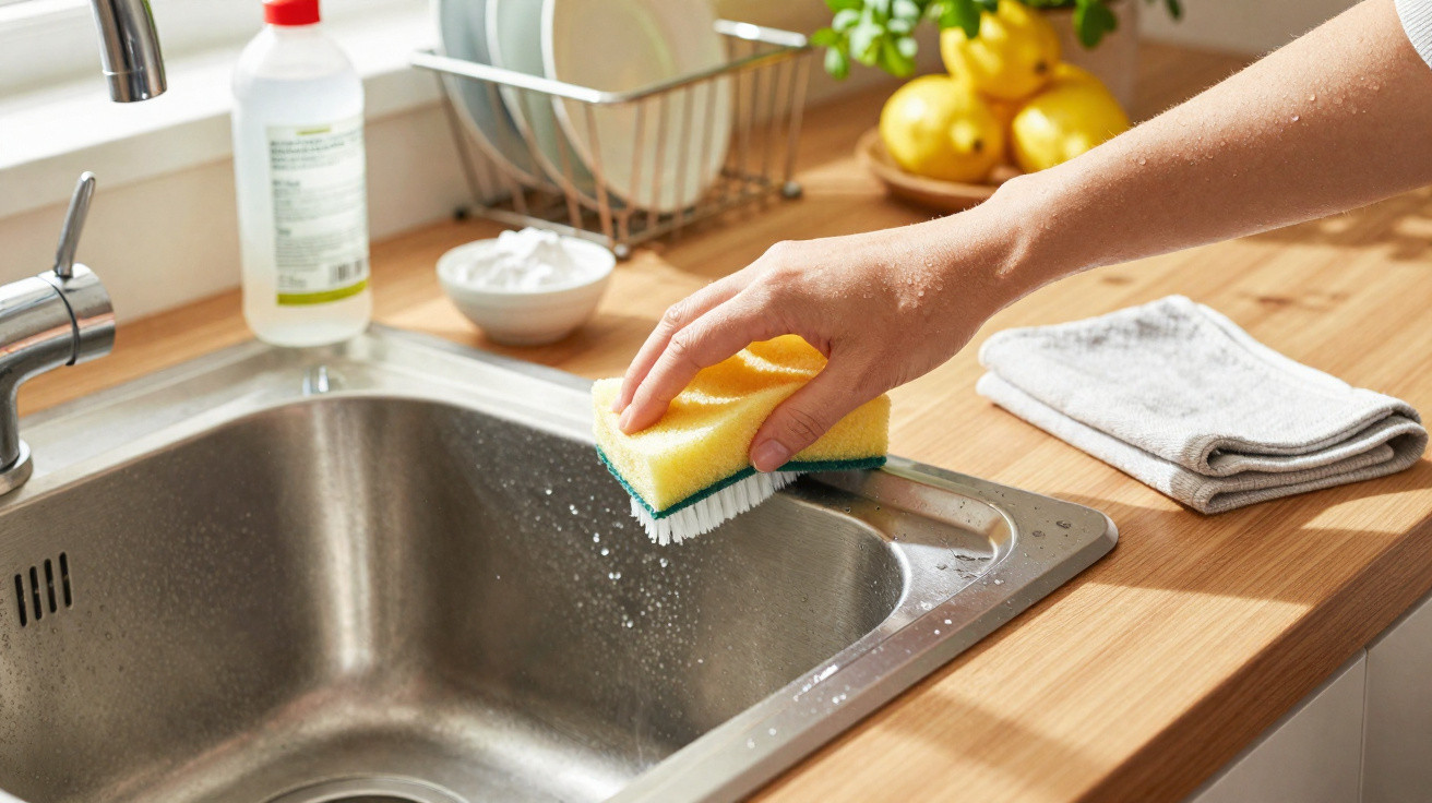 Mão a limpar lava-loiças de inox com esponja amarela num balcão de cozinha em madeira.