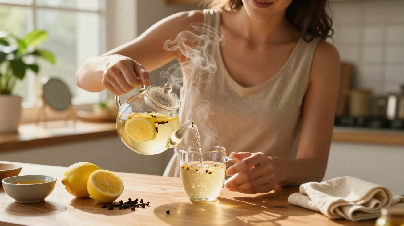 Mulher a verter chá quente com limão e cravinho numa cozinha iluminada e acolhedora.