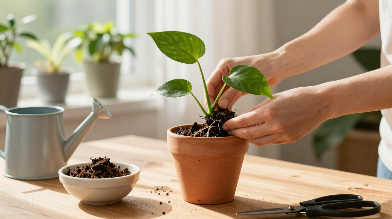 Pessoa a transplantar planta jovem em vaso de barro numa mesa com regador, tesoura e tigela com terra.