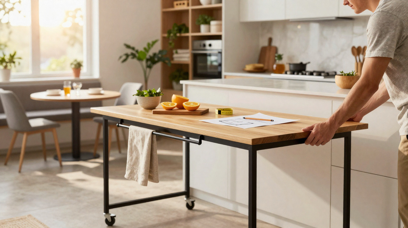 Homem ajusta mesa móvel de madeira e metal numa cozinha moderna com luz natural e plantas.