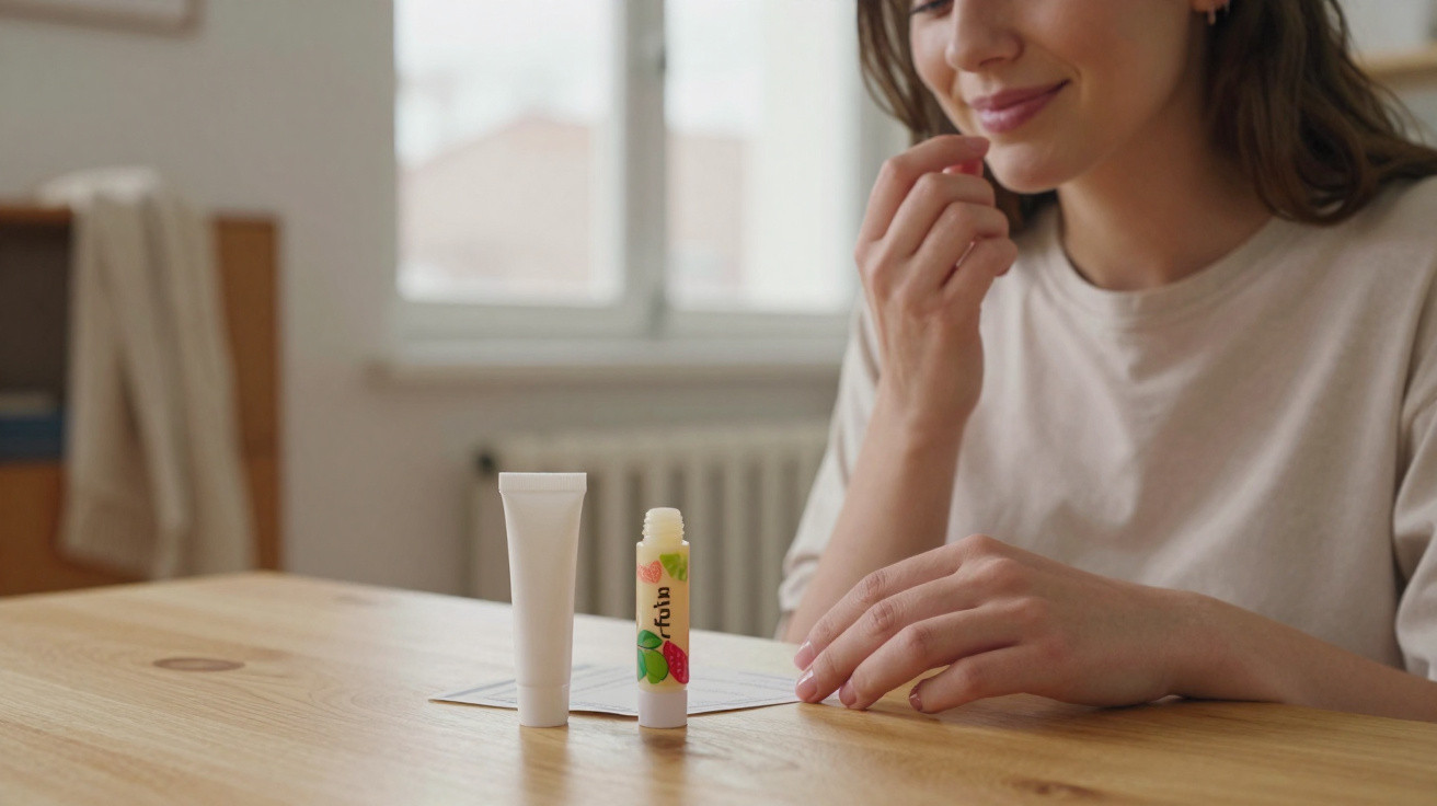 Mulher sorridente aplicando bálsamo labial junto a um tubo de creme numa mesa de madeira.