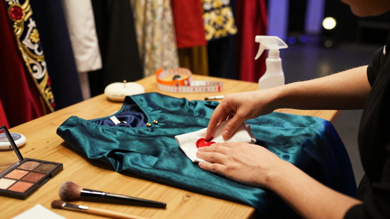 Pessoa a remover uma mancha vermelha de vestido verde com um pano branco numa mesa de madeira.