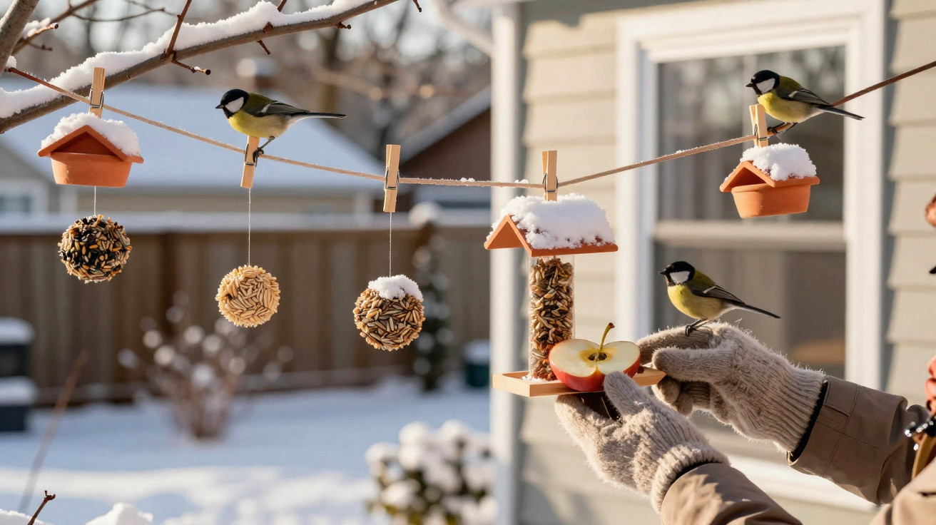Pássaros alimentam-se em comedouros com sementes e maçã numa corda coberta de neve no inverno.