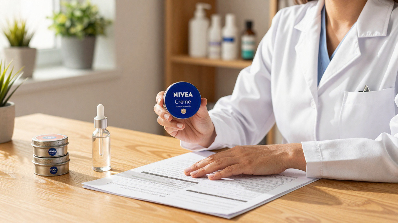Pessoa de bata branca segurando um frasco de creme Nivea numa mesa com documentos e produtos de cuidados.
