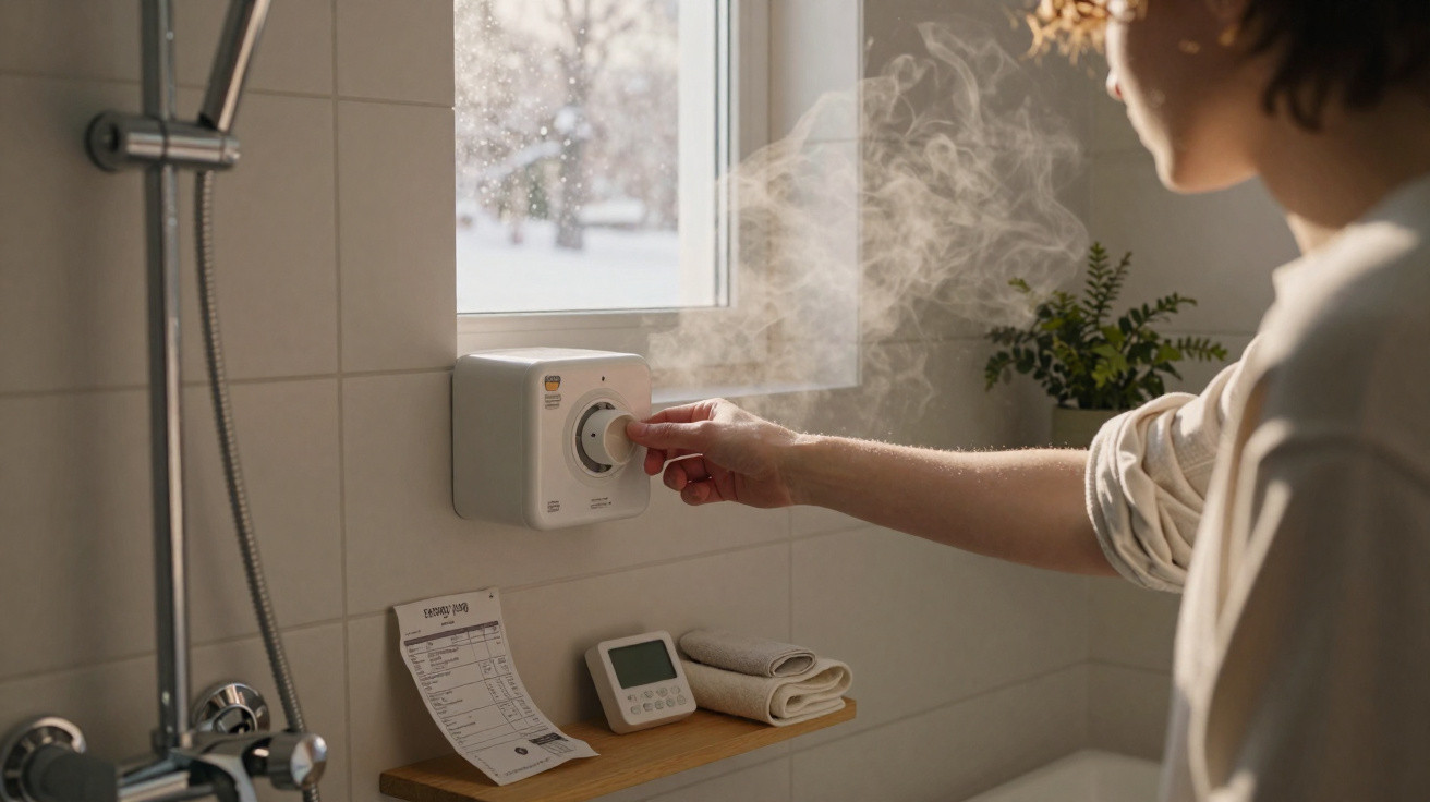 Pessoa ajusta controlador de humidade num quarto de banho com vapor e janela aberta para exterior nevado.