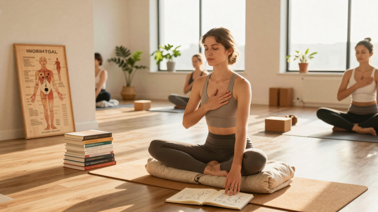 Mulheres sentadas em posição de meditação num estúdio iluminado, com mão no peito e caderno aberto à frente.