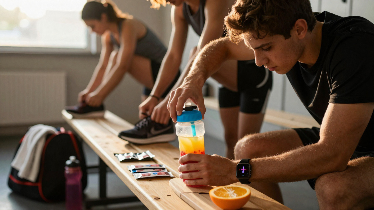 Jovem a preparar bebida energética no balneário com grupo a alongar-se ao fundo numa bancada de madeira.