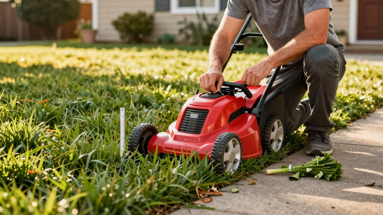 Homem a preparar um cortador de relva vermelho para cortar relva alta num jardim em frente a uma casa.
