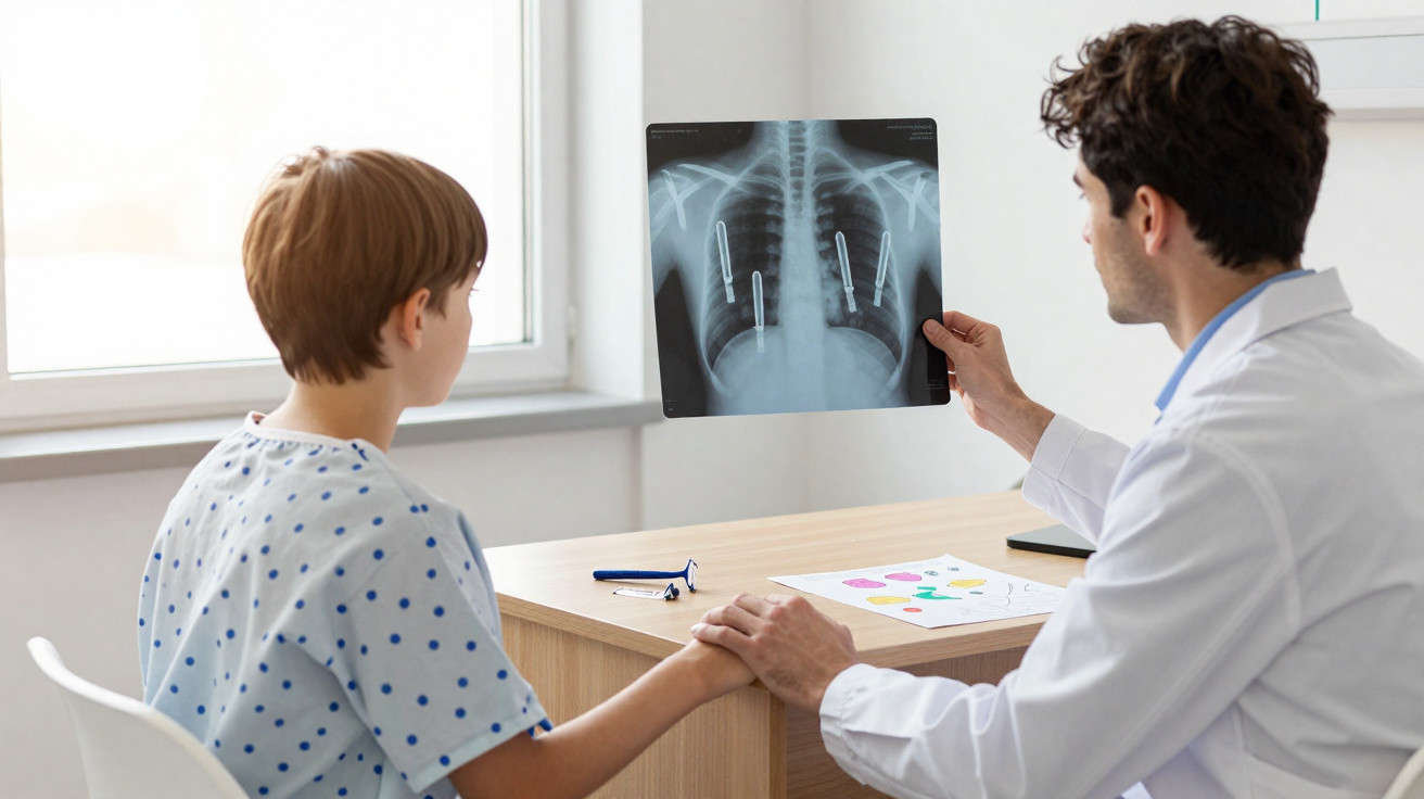 Médico mostra radiografia do tórax a criança, enquanto lhe segura na mão durante consulta num consultório.