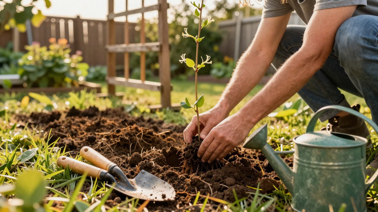 Pessoa a plantar uma muda de árvore no solo de um jardim ensolarado, com regador e ferramentas.