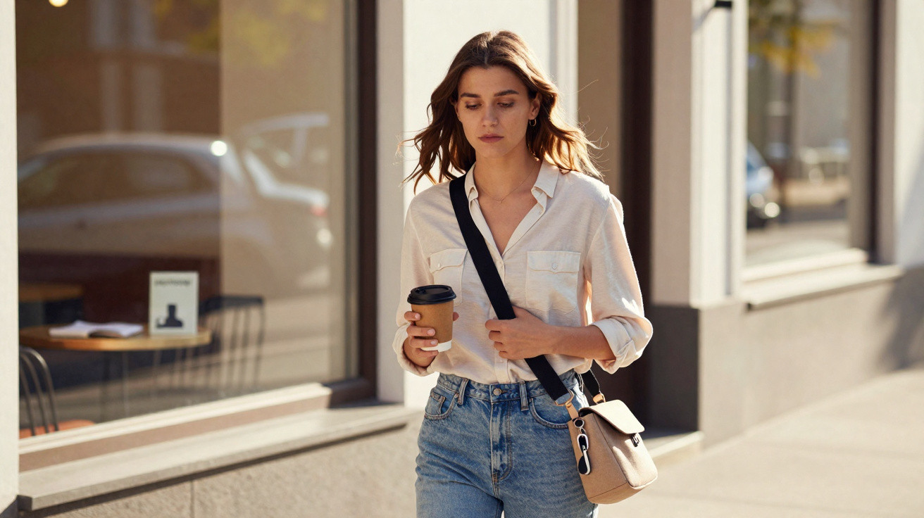 Mulher jovem a caminhar na rua com camisa branca, jeans e a segurar um copo de café para viagem.