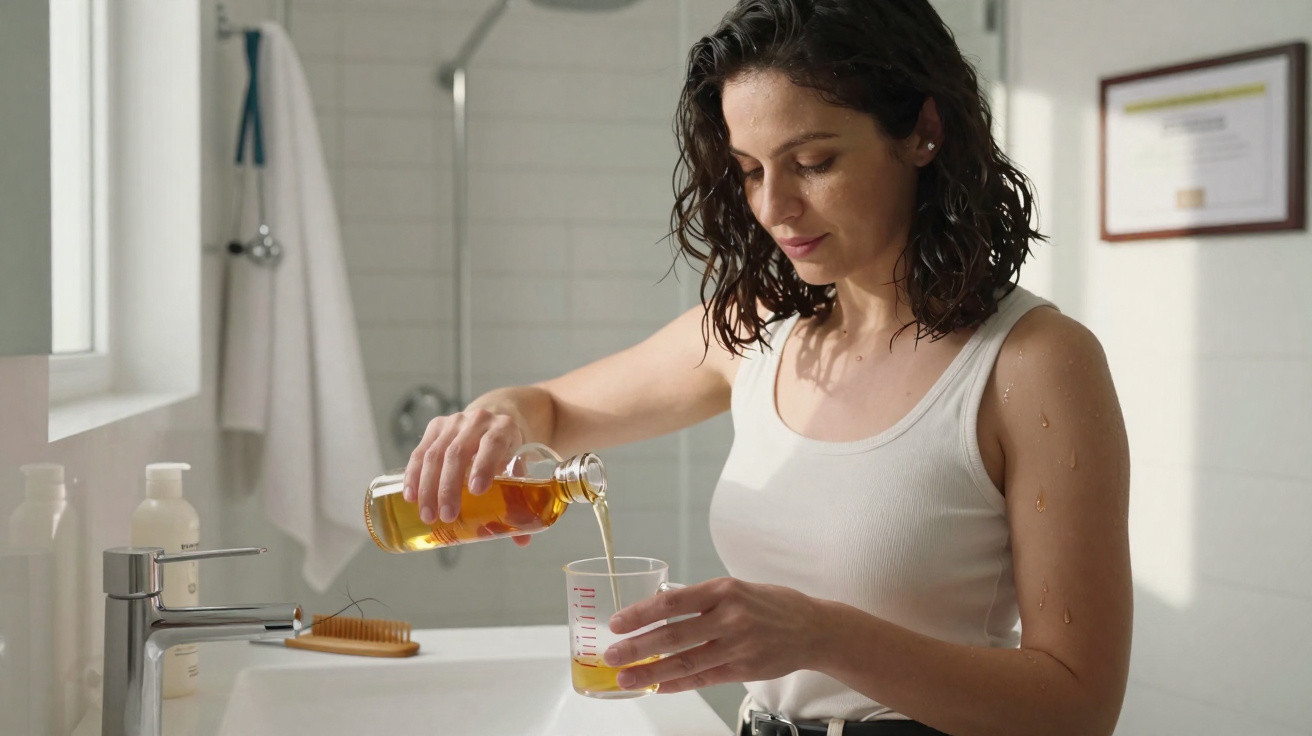 Mulher com camisola branca a verter óleo castanho num copo de medição numa casa de banho.