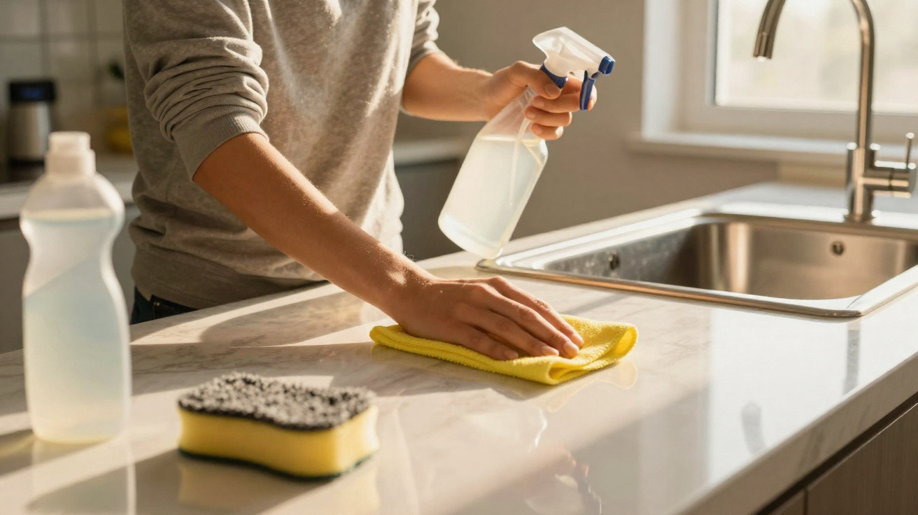 Pessoa a limpar bancada da cozinha com spray e pano amarelo perto da pia e esponja.