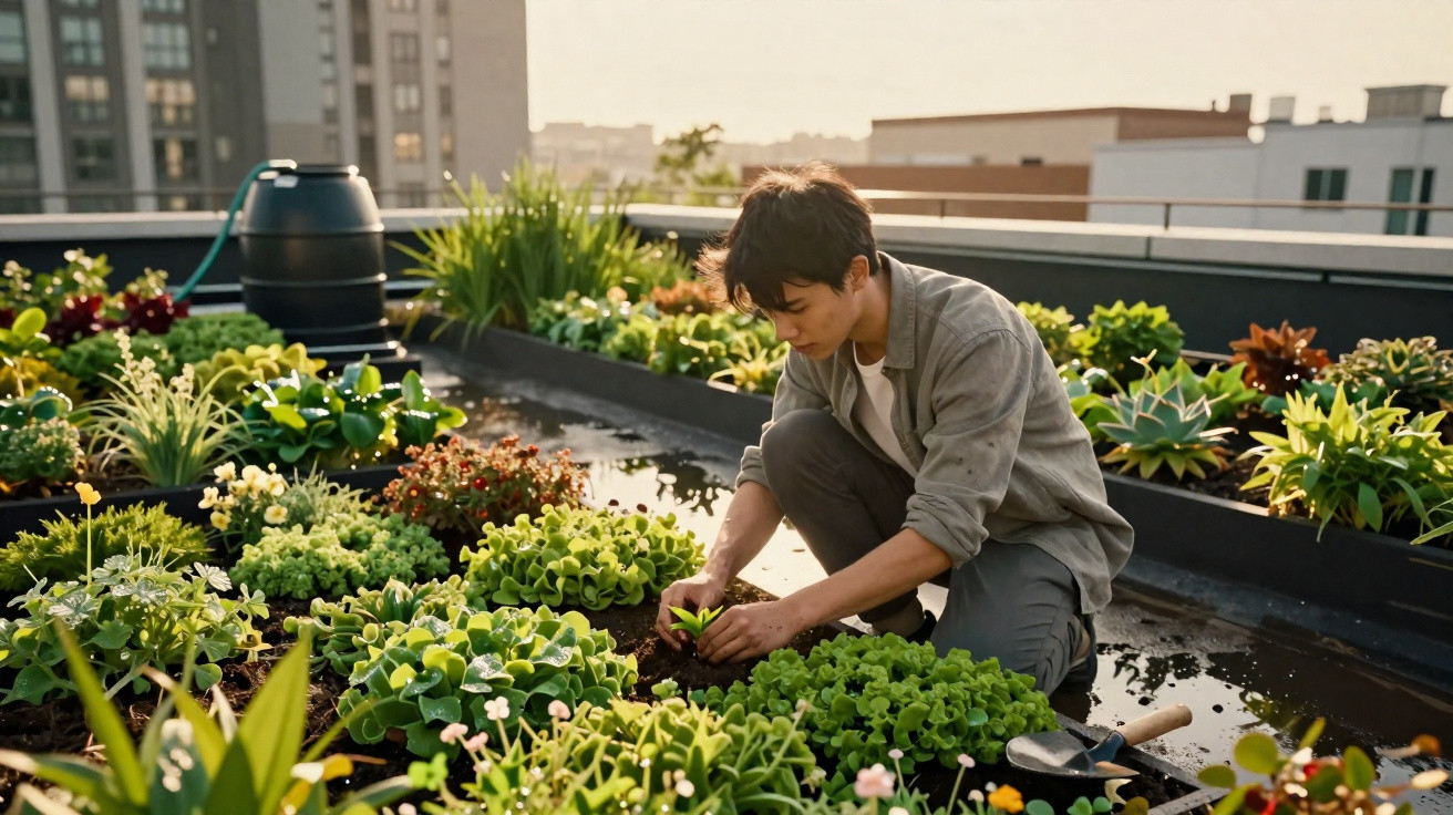 Jovem a cuidar de plantas numa horta urbana numa varanda com edifícios ao fundo.