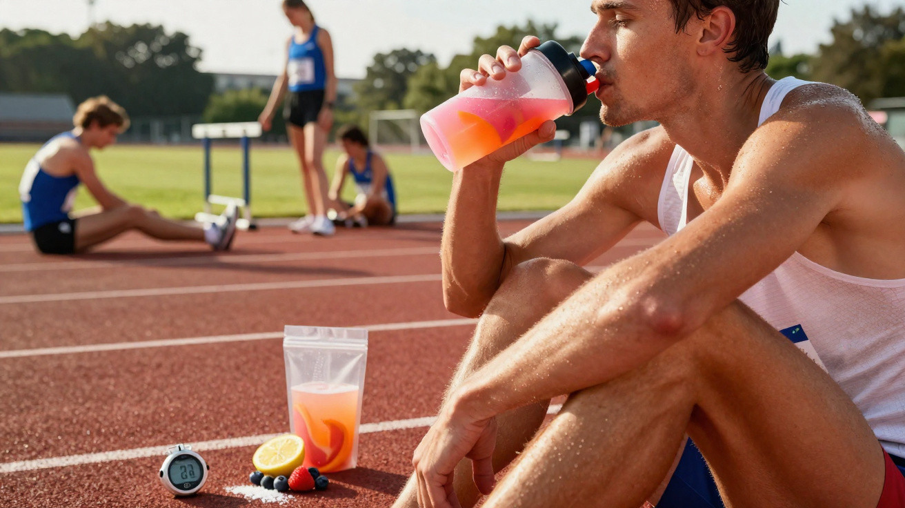 Atleta sentado na pista de corrida a beber bebida energética, com timer e frutas ao lado.