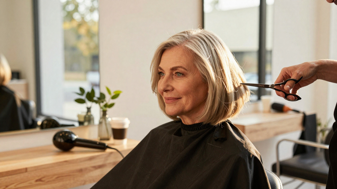 Mulher sorridente a cortar o cabelo num salão de cabeleireiro com luz natural a incidir.