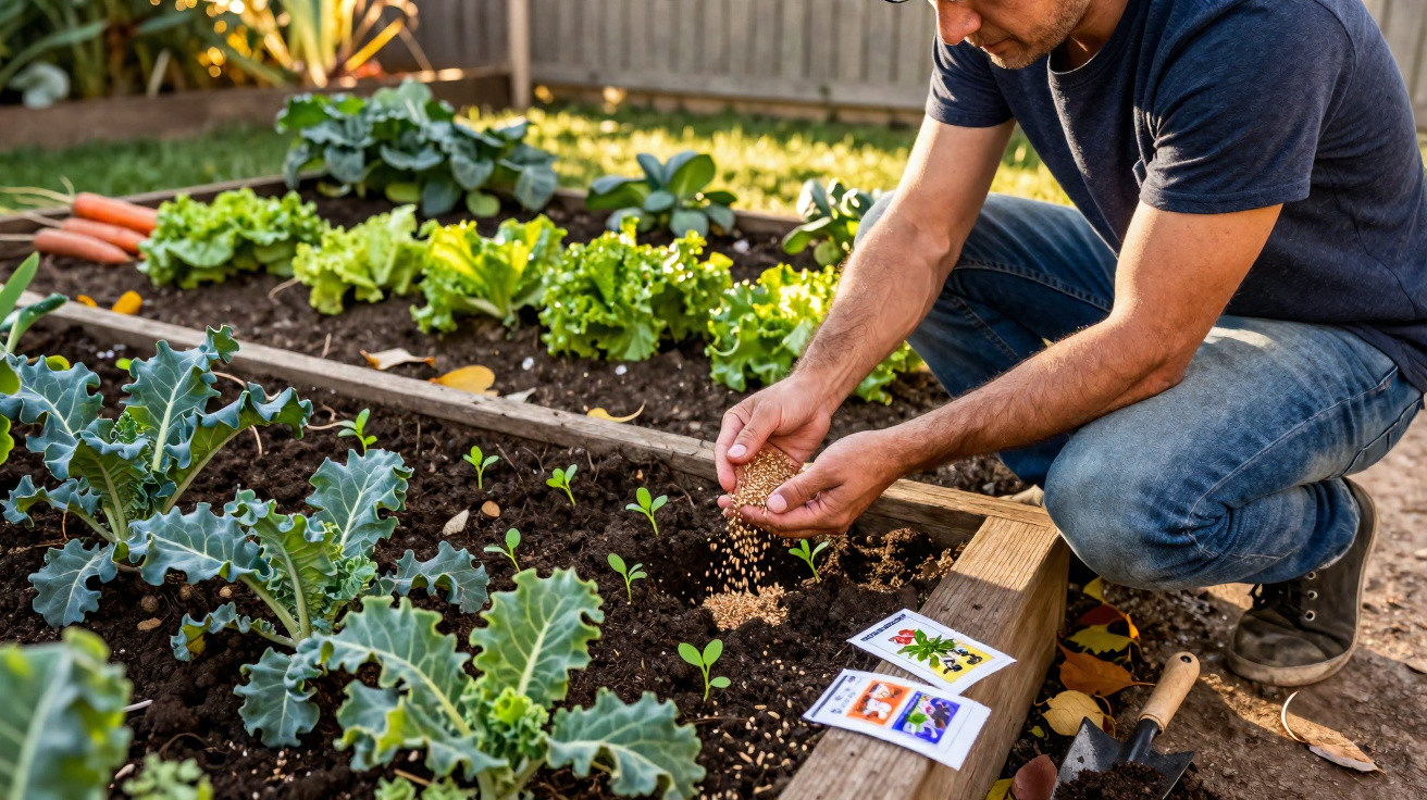 Homem semeando vegetais num canteiro de jardim com alfaces e couves ao redor.