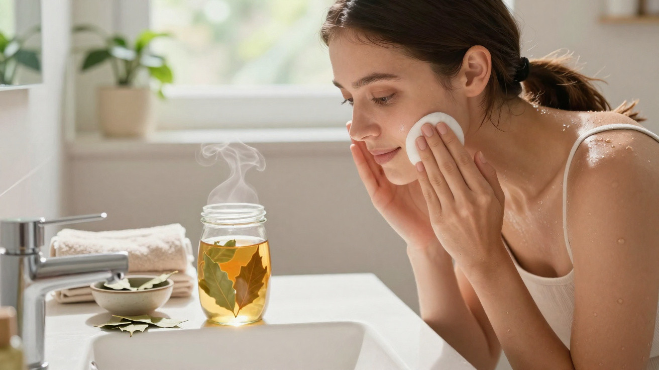 Mulher aplica tratamento facial com disco de algodão perto de frasco com infusão de folhas na casa de banho.