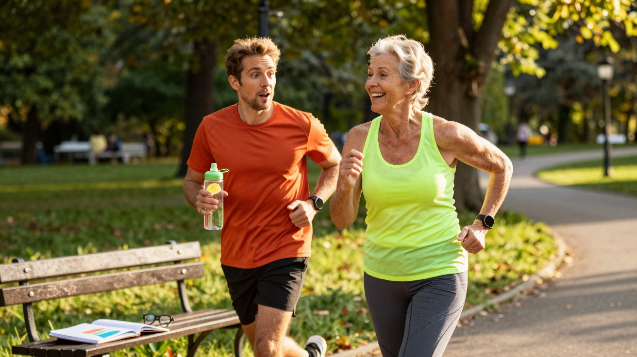 Homem e mulher a correr no parque, homem com garrafa de água e mulher sorridente a fazer exercício.