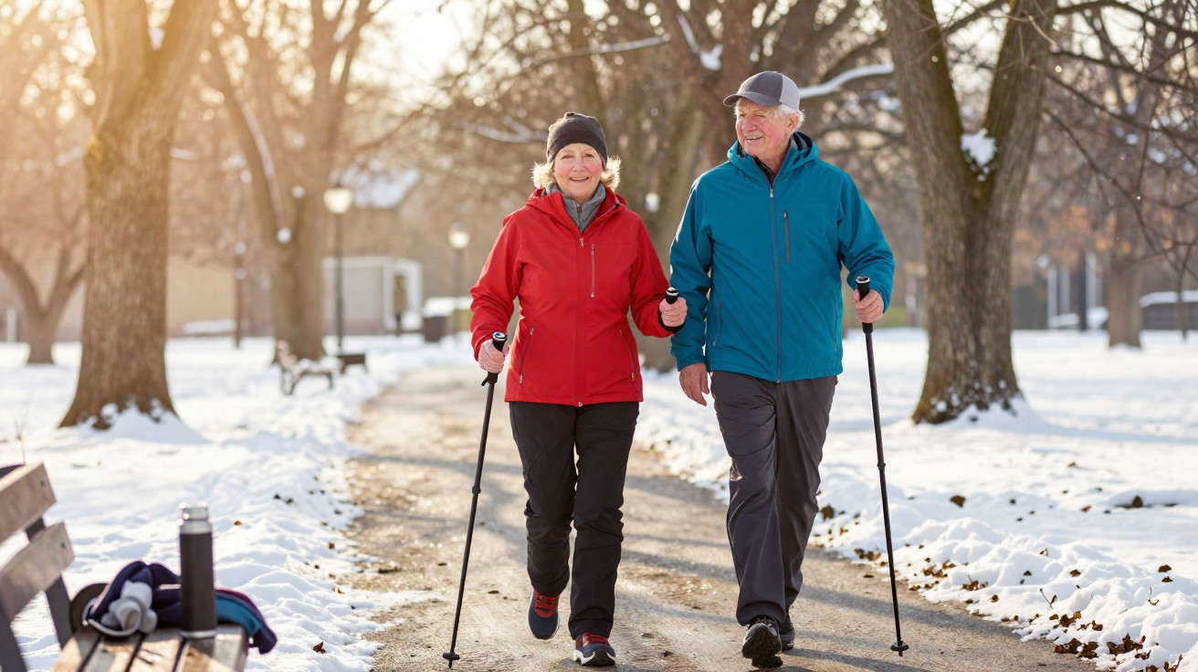 Casal idoso a caminhar com bastões num parque coberto de neve num dia ensolarado de inverno.