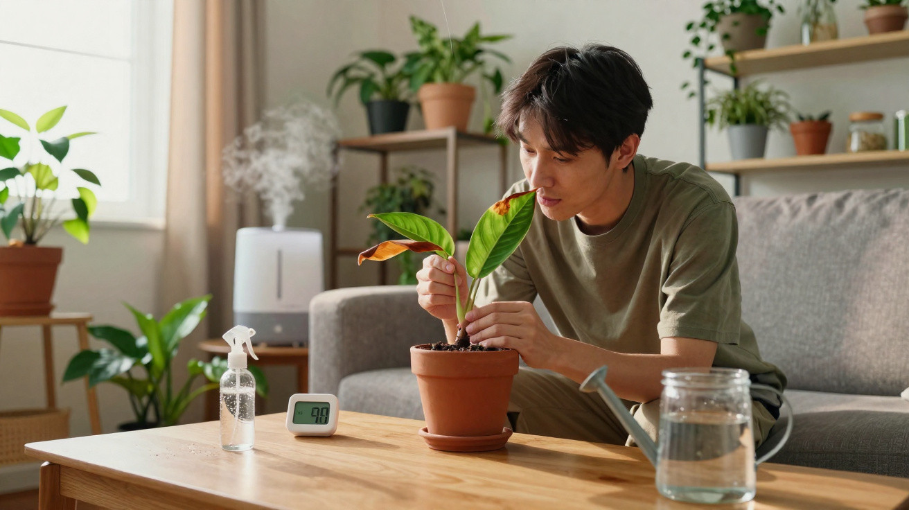 Homem jovem a cuidar de planta em vaso numa sala com várias plantas e humidificador em fundo.