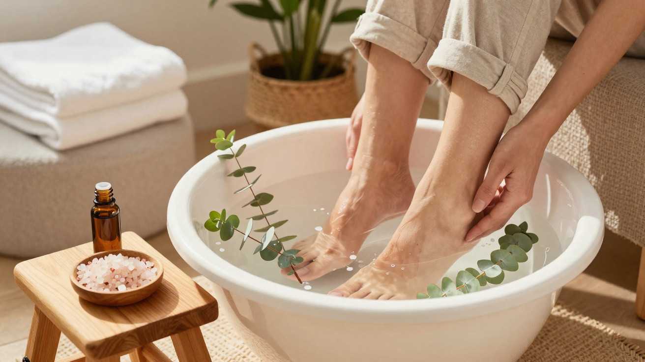 Pessoa a fazer imersão dos pés numa bacia com água e folhas de eucalipto para relaxamento.