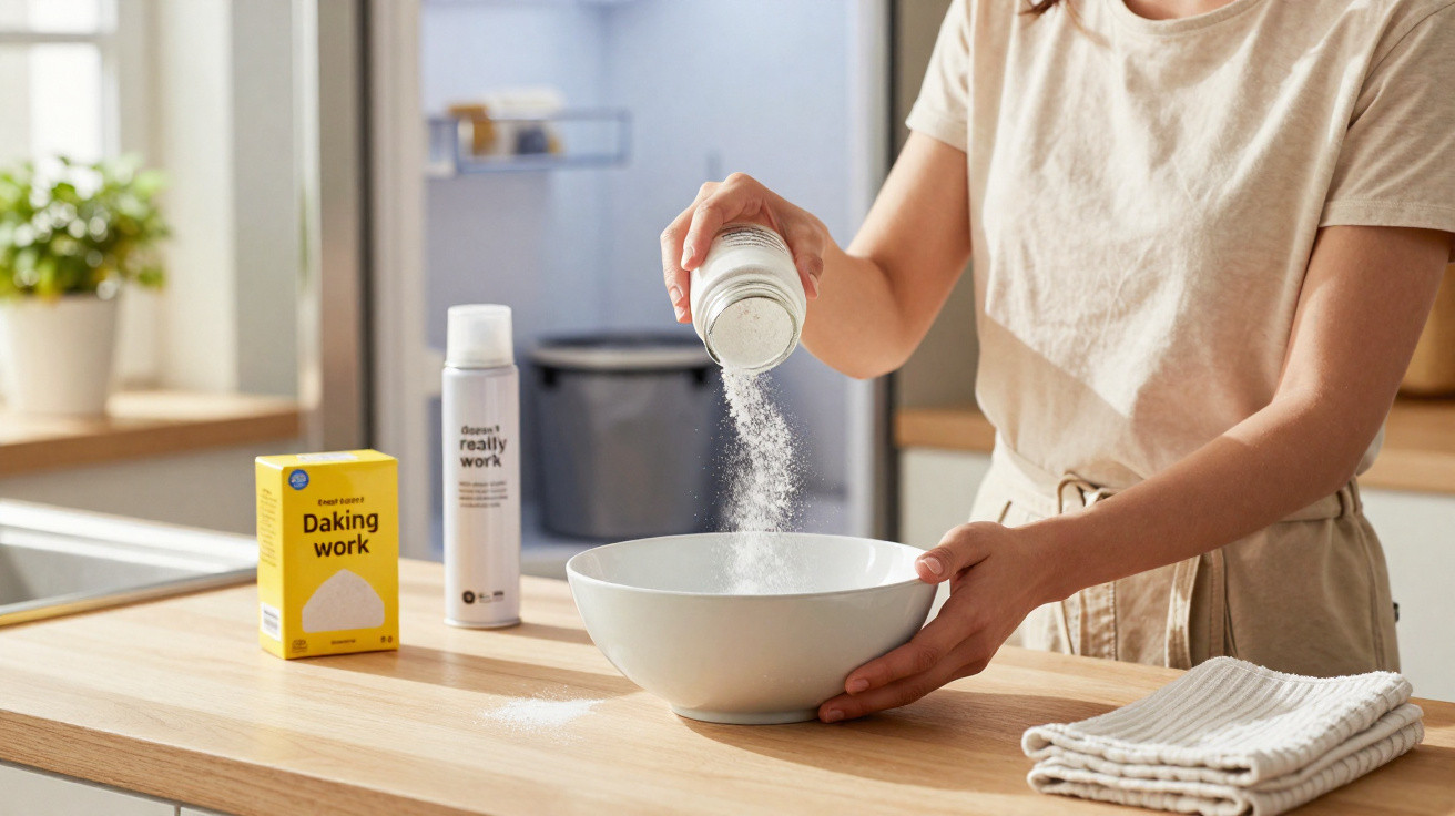 Pessoa a polvilhar farinha numa tigela branca numa cozinha luminosa e organizada.
